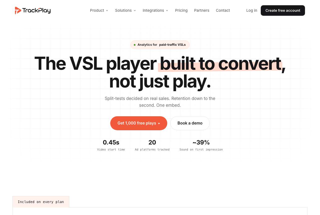 TrackPlay homepage, headline reading The VSL player built to convert not just play