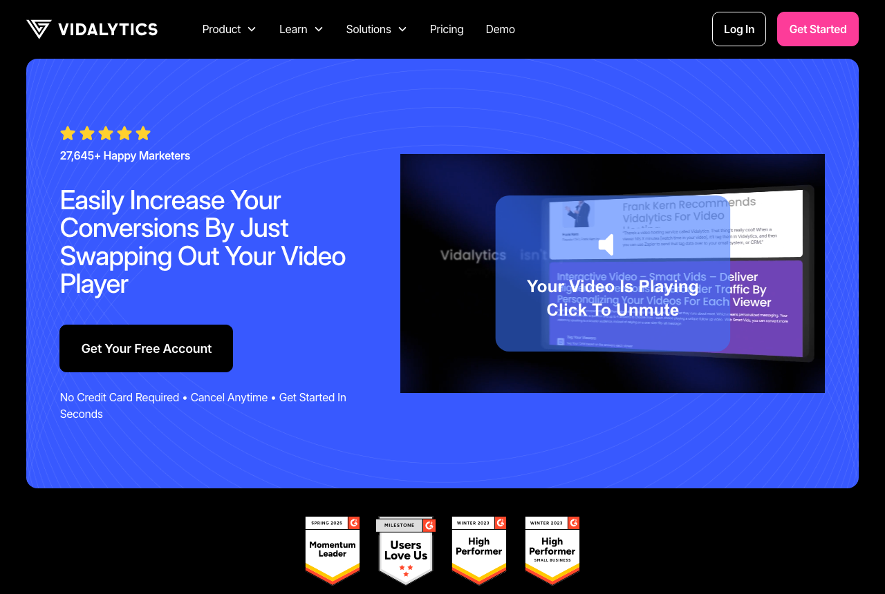 Vidalytics homepage showing its marketing-focused video player and analytics pitch