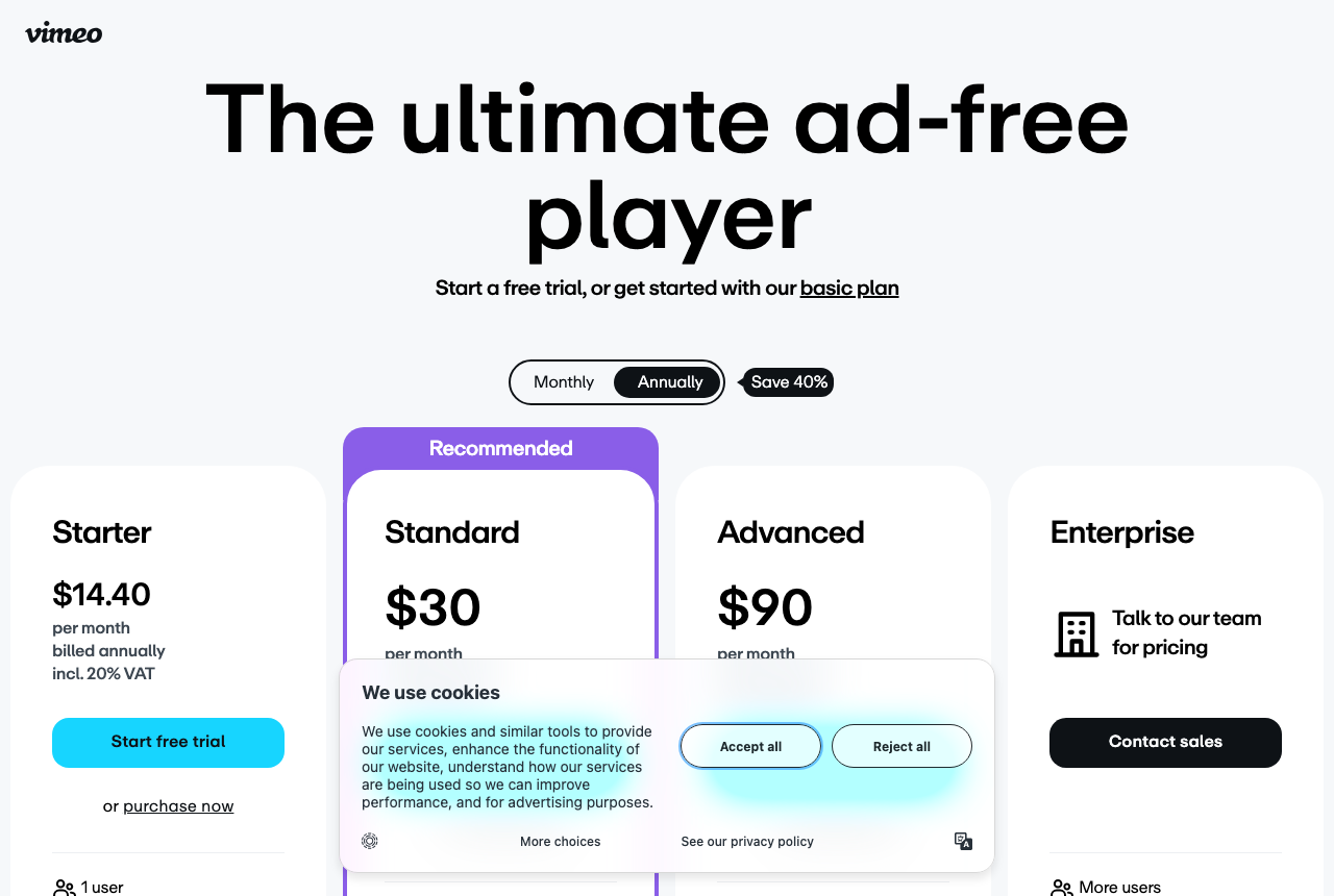 Vimeo homepage showing its professional video hosting and player